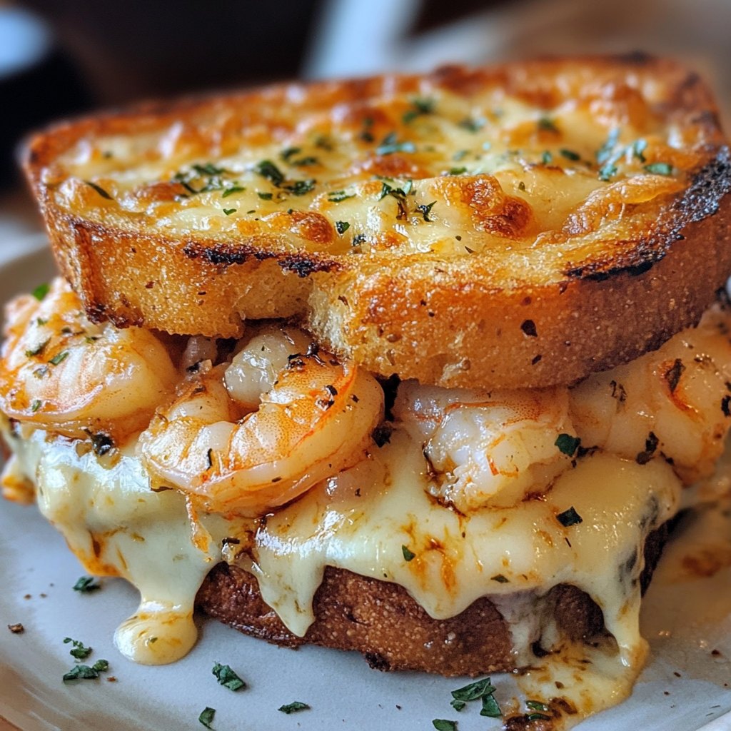 Sándwich de Queso Derretido con Camarones y Pan de Ajo