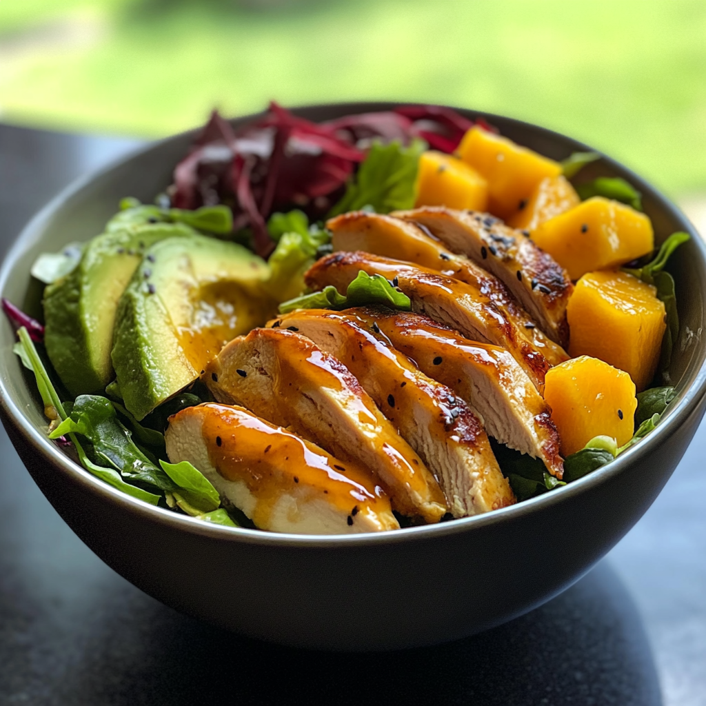 Ensalada de Mango, Aguacate y Pollo con Aliño de Mostaza y Miel