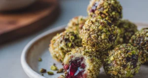 Bolitas de queso, mermelada y pistachos