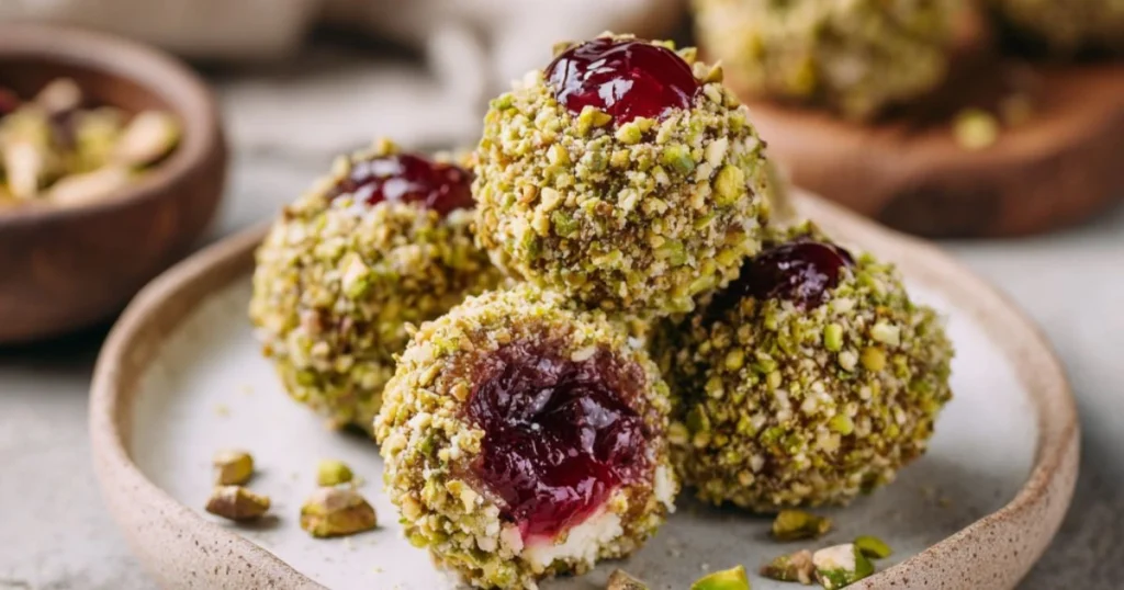 Bolitas de queso, mermelada y pistachos